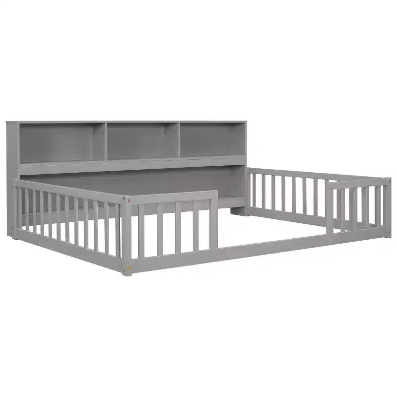 Bellemave Lit au sol complet avec bibliothèque latérale et étagères, Lit plateforme en bois massif avec barrières de sécurité et ouverture facile d'accès, Design peu encombrant, Gris