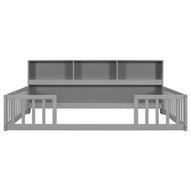 Bellemave Lit au sol complet avec bibliothèque latérale et étagères, Lit plateforme en bois massif avec barrières de sécurité et ouverture facile d'accès, Design peu encombrant, Gris