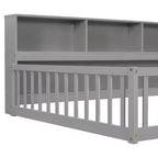 Bellemave Lit au sol complet avec bibliothèque latérale et étagères, Lit plateforme en bois massif avec barrières de sécurité et ouverture facile d'accès, Design peu encombrant, Gris