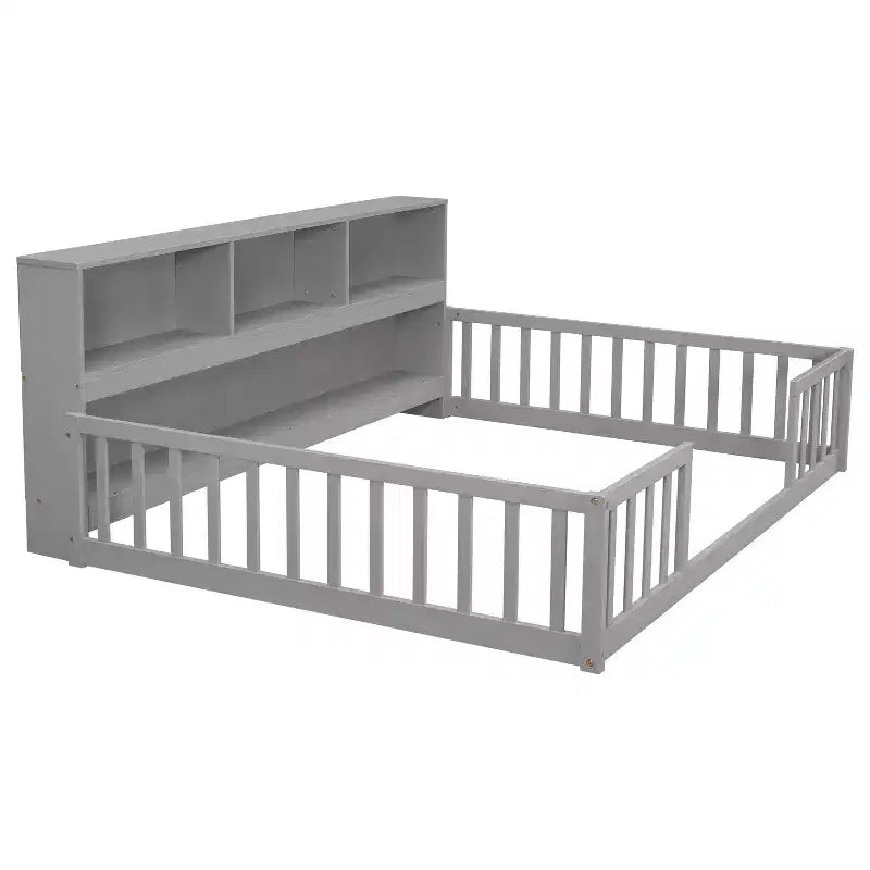 Bellemave Lit au sol complet avec bibliothèque latérale et étagères, Lit plateforme en bois massif avec barrières de sécurité et ouverture facile d'accès, Design peu encombrant, Gris