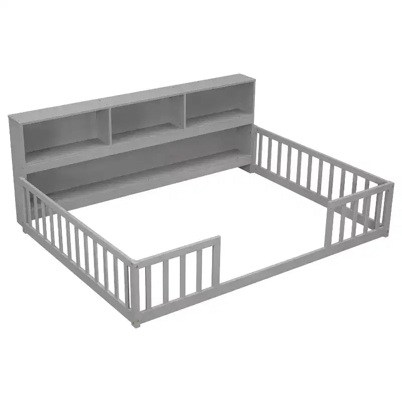Bellemave Lit au sol complet avec bibliothèque latérale et étagères, Lit plateforme en bois massif avec barrières de sécurité et ouverture facile d'accès, Design peu encombrant, Gris