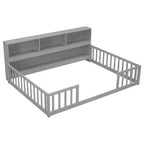 Bellemave Lit au sol complet avec bibliothèque latérale et étagères, Lit plateforme en bois massif avec barrières de sécurité et ouverture facile d'accès, Design peu encombrant, Gris