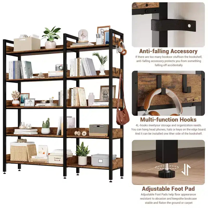 Étagère d'angle à 5 niveaux, bibliothèque convertible en L avec cadre métallique industriel, étagère de rangement multifonctionnelle pour bureau à domicile, chambre à coucher