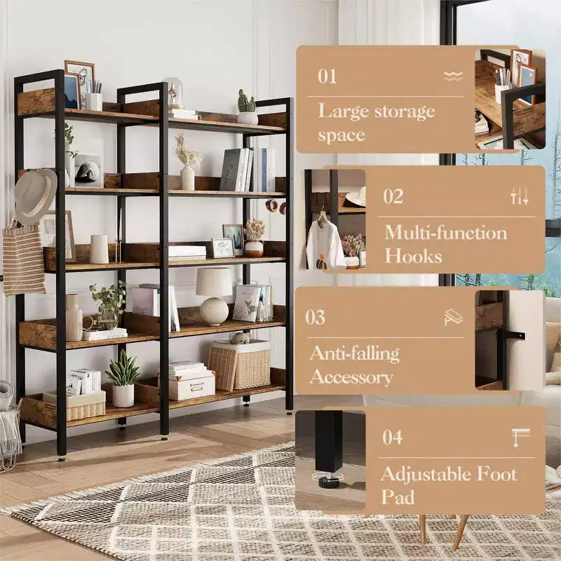 Étagère d'angle à 5 niveaux, bibliothèque convertible en L avec cadre métallique industriel, étagère de rangement multifonctionnelle pour bureau à domicile, chambre à coucher