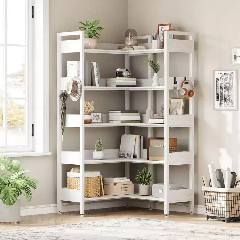 Étagère d'angle à 5 niveaux, bibliothèque convertible en L avec cadre métallique industriel, étagère de rangement multifonctionnelle pour bureau à domicile, chambre à coucher
