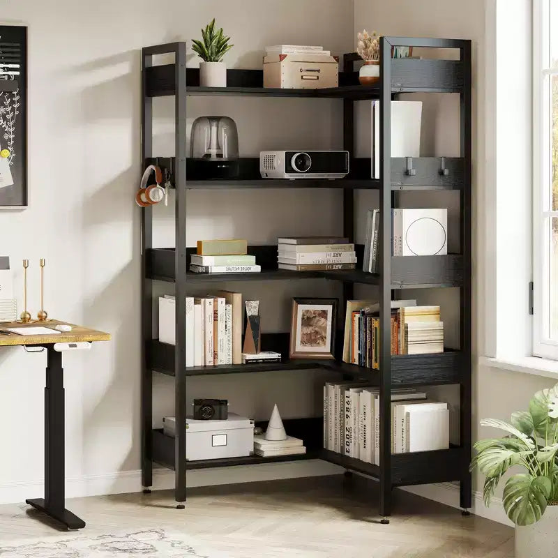 Étagère d'angle à 5 niveaux, bibliothèque convertible en L avec cadre métallique industriel, étagère de rangement multifonctionnelle pour bureau à domicile, chambre à coucher