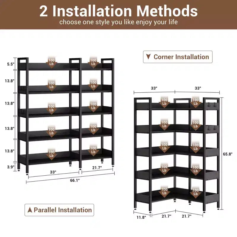 Étagère d'angle à 5 niveaux, bibliothèque convertible en L avec cadre métallique industriel, étagère de rangement multifonctionnelle pour bureau à domicile, chambre à coucher