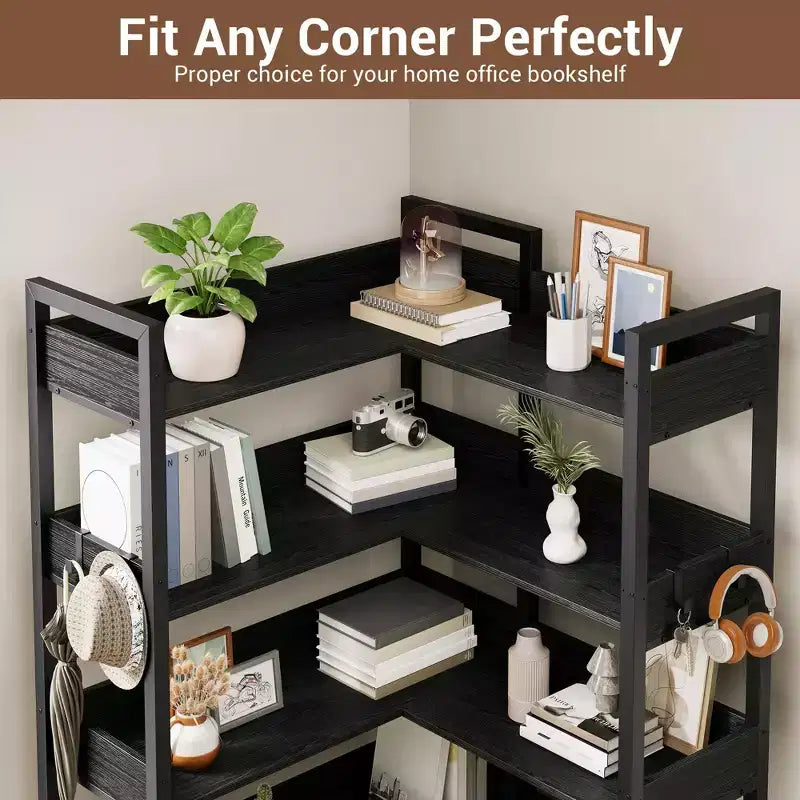 Étagère d'angle à 5 niveaux, bibliothèque convertible en L avec cadre métallique industriel, étagère de rangement multifonctionnelle pour bureau à domicile, chambre à coucher