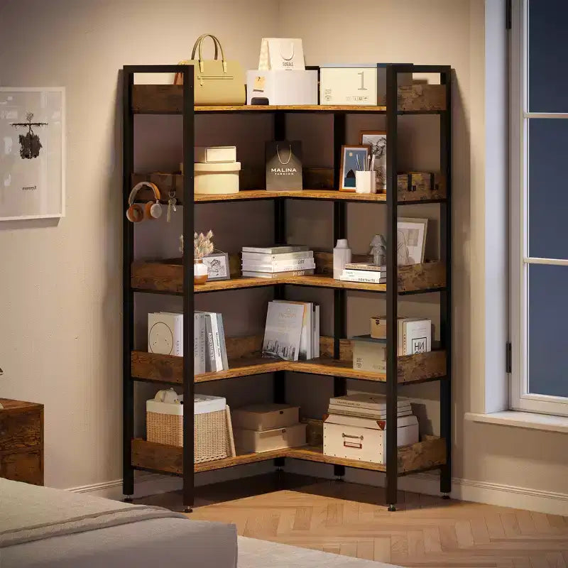 Étagère d'angle à 5 niveaux, bibliothèque convertible en L avec cadre métallique industriel, étagère de rangement multifonctionnelle pour bureau à domicile, chambre à coucher