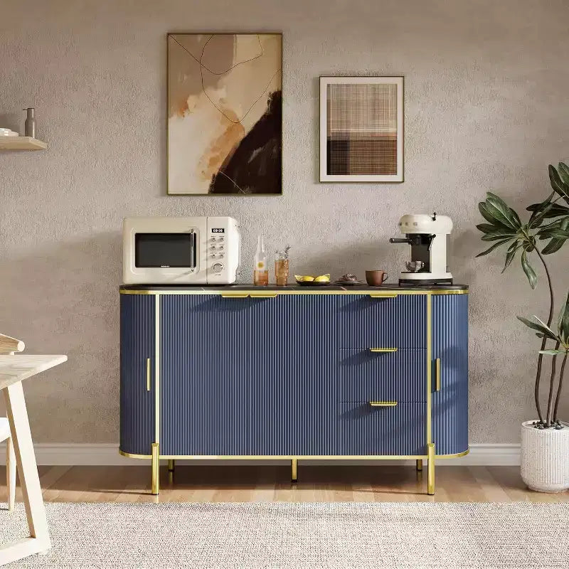 Bahut buffet de 150 cm, commode moderne cannelée, bar à café, meuble TV ovale en bois avec 3 tiroirs, bleu