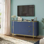 Bahut buffet de 150 cm, commode moderne cannelée, bar à café, meuble TV ovale en bois avec 3 tiroirs, bleu