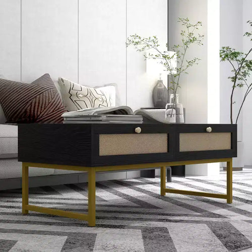 Table basse 2 tiroirs en rotin, table basse moderne, tables d'appoint en bois pour le salon,