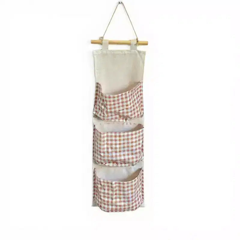 Alilang Hanging Wall Organizer with Three Pockets and Brown Gingham Pattern 19x7.8 in - Pink
