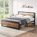 Bed frame, metal platform bed frame with wooden headboard and footboard, non-slip heavy-duty bed frame, no mattress support needed, silent