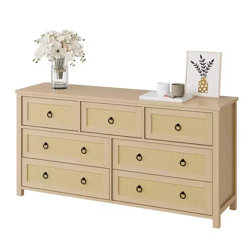 37-inch tall rattan dressing table with four rattan drawers that can also be used as a wardrobe; a bohemian-style bedside table.