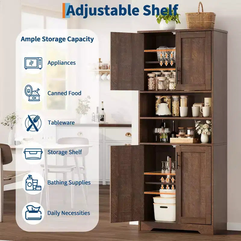Acekool Armoire de Rangement Haute de 170 cm avec 4 Portes, Étagères Réglables, Meuble Autonome pour Salle de Bain, Cuisine, Salon