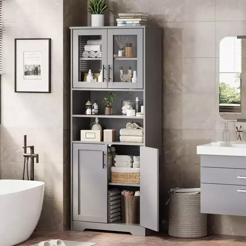 Acekool Armoire de Rangement Haute de 170 cm avec 4 Portes, Étagères Réglables, Meuble Autonome pour Salle de Bain, Cuisine, Salon