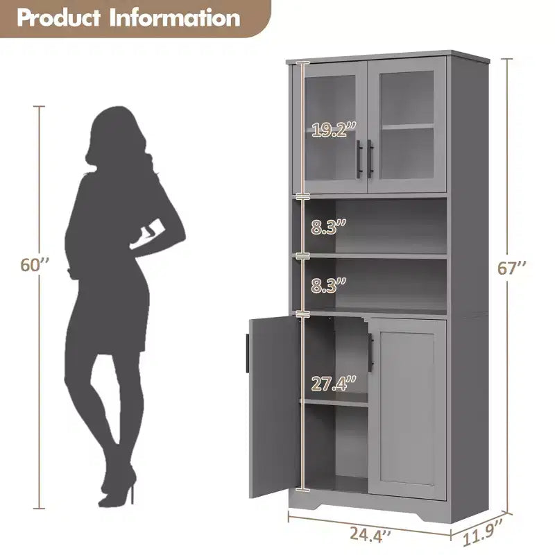 Acekool Armoire de Rangement Haute de 170 cm avec 4 Portes, Étagères Réglables, Meuble Autonome pour Salle de Bain, Cuisine, Salon