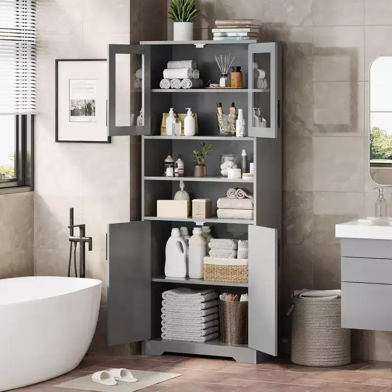 Acekool Armoire de Rangement Haute de 170 cm avec 4 Portes, Étagères Réglables, Meuble Autonome pour Salle de Bain, Cuisine, Salon