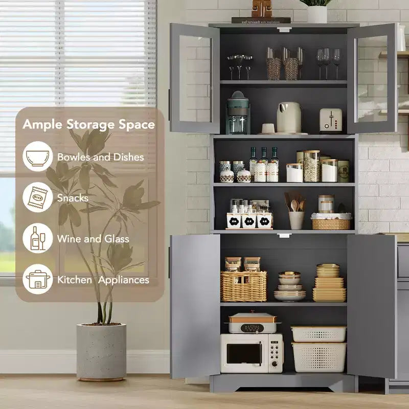 Acekool Armoire de Rangement Haute de 170 cm avec 4 Portes, Étagères Réglables, Meuble Autonome pour Salle de Bain, Cuisine, Salon