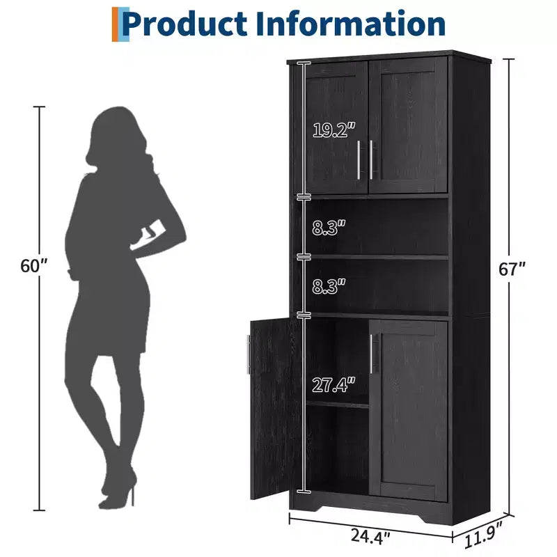 Acekool Armoire de Rangement Haute de 170 cm avec 4 Portes, Étagères Réglables, Meuble Autonome pour Salle de Bain, Cuisine, Salon