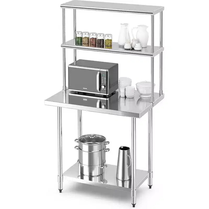 Table de travail de cuisine en acier inoxydable 60 * 24 avec étagère à 3 niveaux – Station de préparation robuste pour micro-ondes, ustensiles de cuisine et rangement d'accessoires de cuisine
