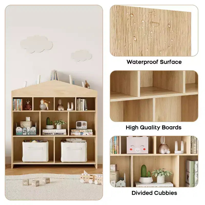Acekool Meuble de Rangement pour Jouets, Étagère à Livres pour Enfants à 9 Cubes, Bibliothèque et Meuble de Rangement en Forme de Toit, Étagère de Rangement pour Salle de Jeux, Chambre d'Enfant