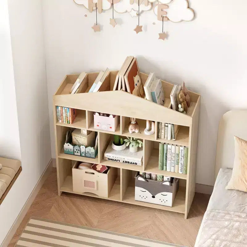 Acekool Meuble de Rangement pour Jouets, Étagère à Livres pour Enfants à 9 Cubes, Bibliothèque et Meuble de Rangement en Forme de Toit, Étagère de Rangement pour Salle de Jeux, Chambre d'Enfant