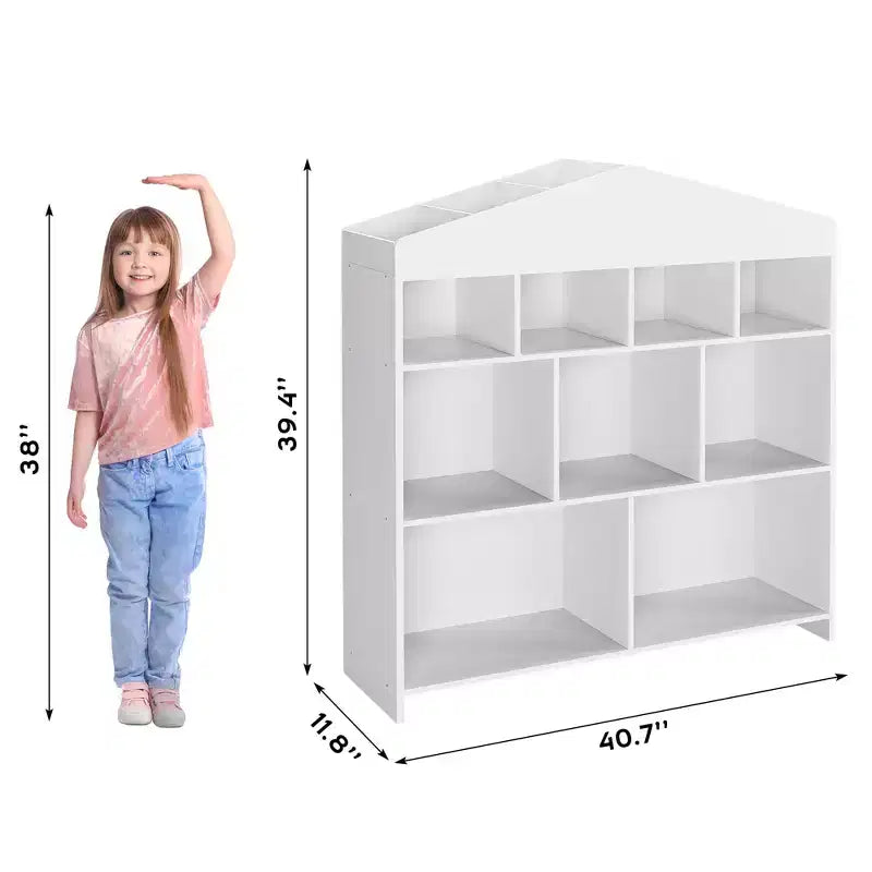 Acekool Meuble de Rangement pour Jouets, Étagère à Livres pour Enfants à 9 Cubes, Bibliothèque et Meuble de Rangement en Forme de Toit, Étagère de Rangement pour Salle de Jeux, Chambre d'Enfant