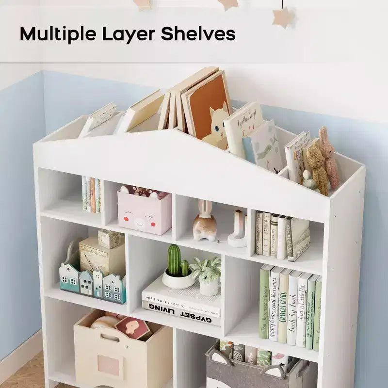 Acekool Meuble de Rangement pour Jouets, Étagère à Livres pour Enfants à 9 Cubes, Bibliothèque et Meuble de Rangement en Forme de Toit, Étagère de Rangement pour Salle de Jeux, Chambre d'Enfant
