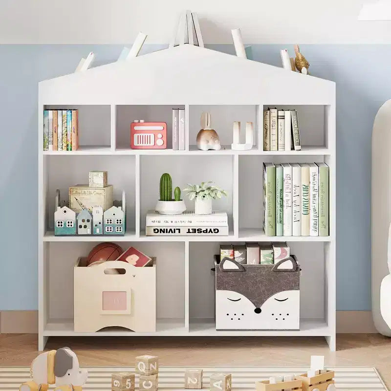 Acekool Meuble de Rangement pour Jouets, Étagère à Livres pour Enfants à 9 Cubes, Bibliothèque et Meuble de Rangement en Forme de Toit, Étagère de Rangement pour Salle de Jeux, Chambre d'Enfant