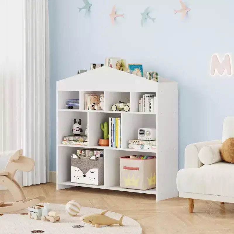 Acekool Meuble de Rangement pour Jouets, Étagère à Livres pour Enfants à 9 Cubes, Bibliothèque et Meuble de Rangement en Forme de Toit, Étagère de Rangement pour Salle de Jeux, Chambre d'Enfant