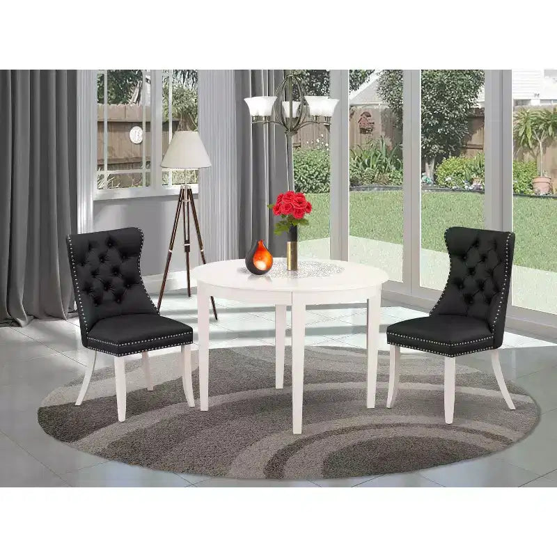 Ensemble de salle à manger 3 pièces avec table ronde en bois massif finition blanc lin