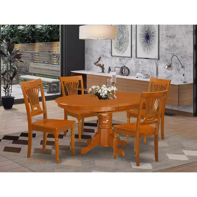 Ensemble de salle à manger ovale 5 pièces avec plateau en bois massif finition marron selle et 4 chaises avec