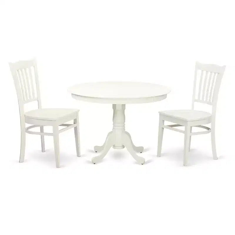 3-Piece Linen White Finish Solid Wood Top - Round Dining Room Set - Seats 4