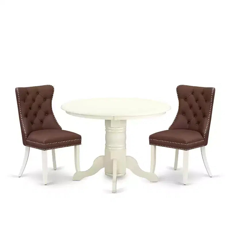 3-Piece Linen white Solid Wood Top - Round Upholstered Dining Room Set - Seats 4