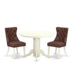 3-Piece Linen white Solid Wood Top - Round Upholstered Dining Room Set - Seats 4