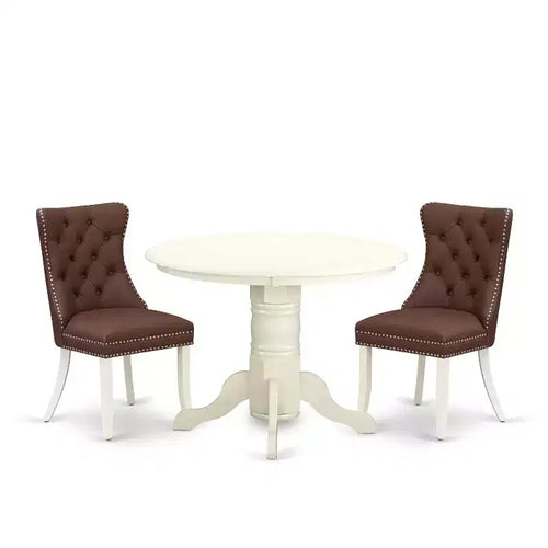 3-Piece Linen white Solid Wood Top - Round Upholstered Dining Room Set - Seats 4