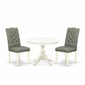 3-Piece Linen White Finish Solid Wood Top - Button Tufted Dining Room Set - Seats 4