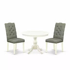 3-Piece Linen White Finish Solid Wood Top - Button Tufted Dining Room Set - Seats 4
