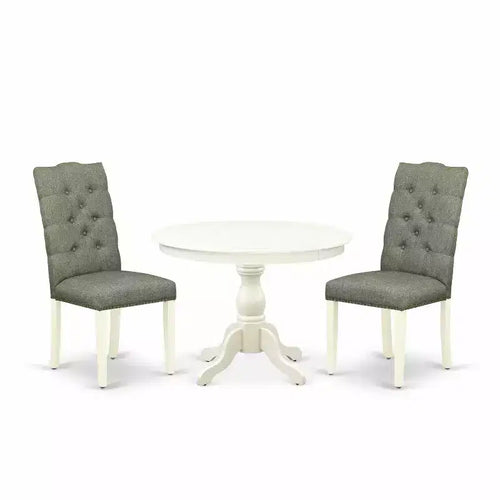 3-Piece Linen White Finish Solid Wood Top - Button Tufted Dining Room Set - Seats 4
