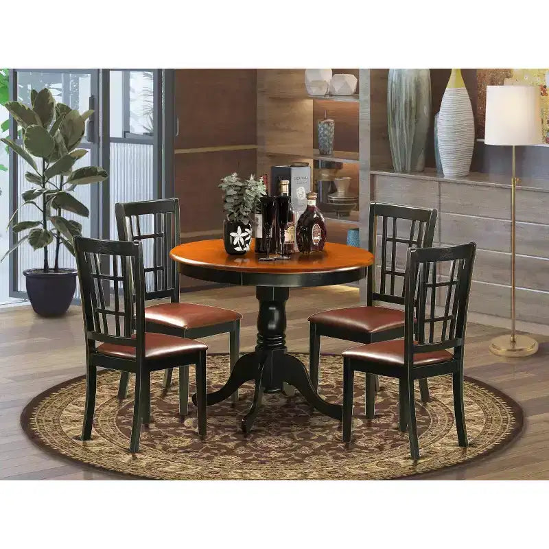 Table à manger ronde 5 pièces, plateau en bois massif finition noire avec 4 chaises