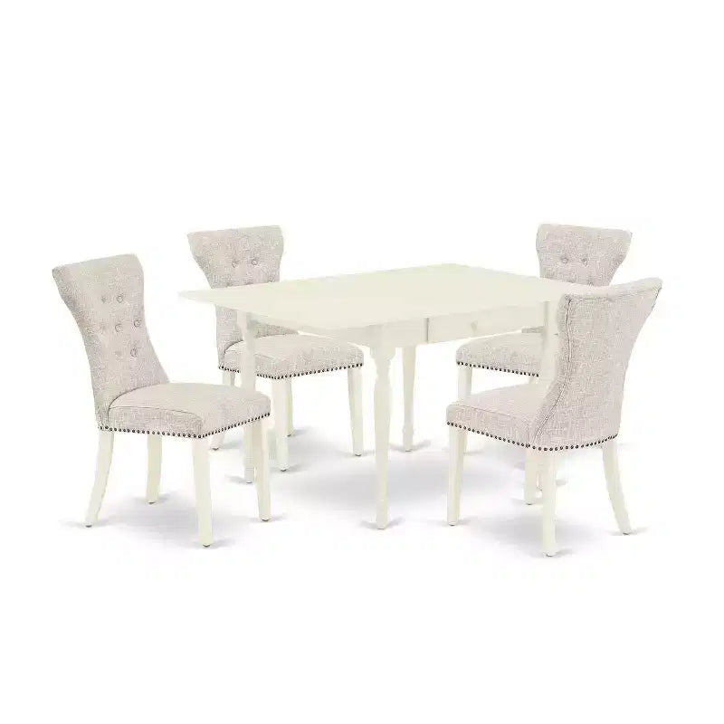 5-Piece Linen White Finish Solid Wood Top - Button Tufted Dining Room Set - Seats 4