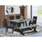 Table de salle à manger rectangulaire 6 pièces en bois massif finition chêne naturel avec 1 banc et 4 chaises avec