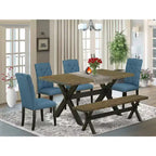 Table à manger en bois massif 6 pièces à plateau rectangulaire, finition jacobine patinée, avec 1 banc et 4 chaises