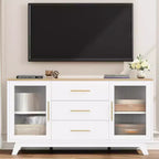 Acekool 56,3 pouces Desserte avec portes en verre cannelé et poignées dorées, meuble de rangement réglable, console multifonction pour salle à manger et cuisine