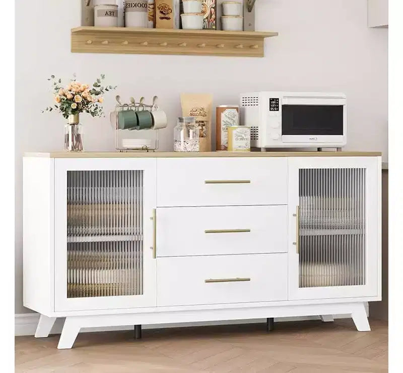 Acekool 56,3 pouces Desserte avec portes en verre cannelé et poignées dorées, meuble de rangement réglable, console multifonction pour salle à manger et cuisine