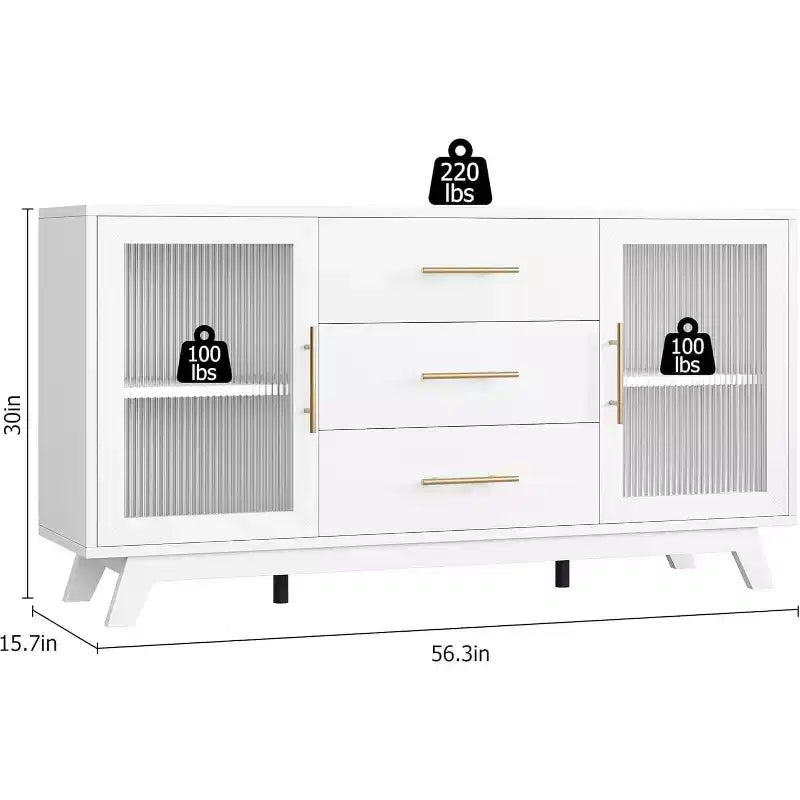 Acekool 56,3 pouces Desserte avec portes en verre cannelé et poignées dorées, meuble de rangement réglable, console multifonction pour salle à manger et cuisine