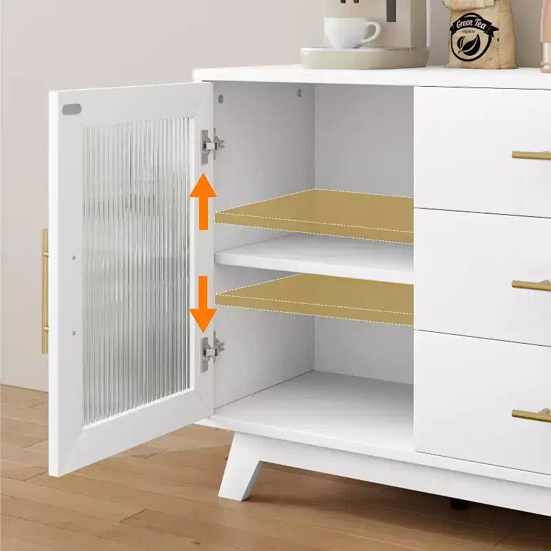 Acekool 56,3 pouces Desserte avec portes en verre cannelé et poignées dorées, meuble de rangement réglable, console multifonction pour salle à manger et cuisine