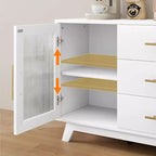 Acekool 56,3 pouces Desserte avec portes en verre cannelé et poignées dorées, meuble de rangement réglable, console multifonction pour salle à manger et cuisine